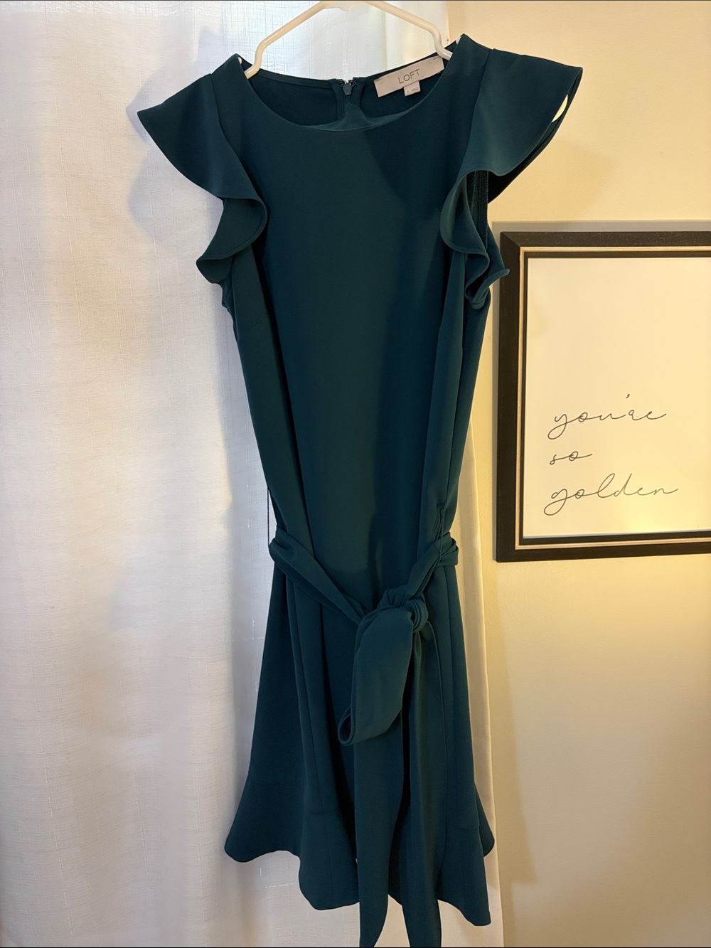LOFT Teal Ruffle-Sleeve Midi Dress with Self Tie